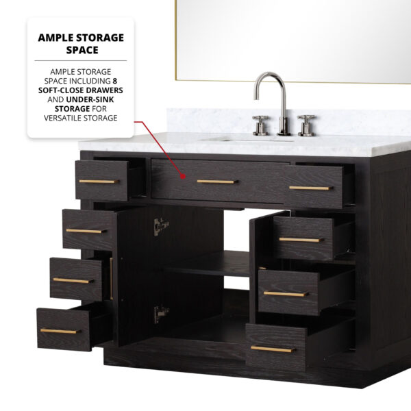 Abbey 48W x 22D Black Oak Single Bath Vanity, Carrara Marble Top, Faucet Set, and 46Mirror