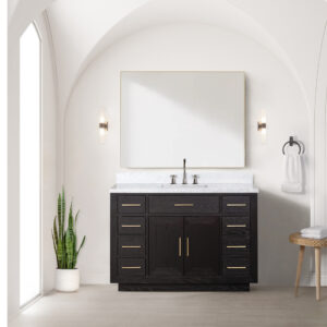 Abbey 48W x 22D Black Oak Single Bath Vanity, Carrara Marble Top, Faucet Set, and 46Mirror