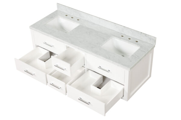 Castor 60W x 22D White Double Bath Vanity, Carrara Marble Top, and 28Mirrors