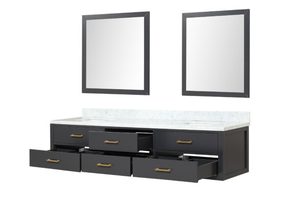 Castor 84W x 22D Black Double Bath Vanity, Carrara Marble Top, and 36Mirrors