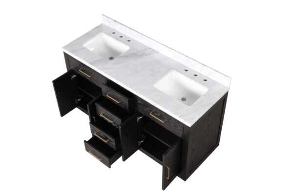 Abbey 60W x 22D Black Oak Double Bath Vanity and Carrara Marble Top