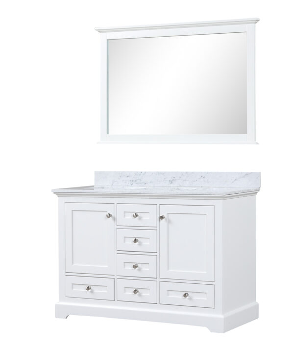 Dukes 48 in. W x 22 in. D White Double Bath Vanity, Carrara Marble Top, and 46 in. Mirror