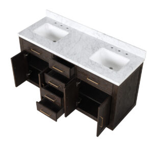 Abbey 60W x 22D Brown Oak Double Bath Vanity and Carrara Marble Top