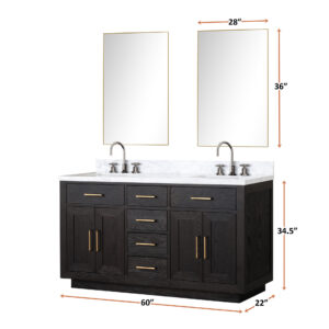 Abbey 60W x 22D Black Oak Double Bath Vanity and Carrara Marble Top