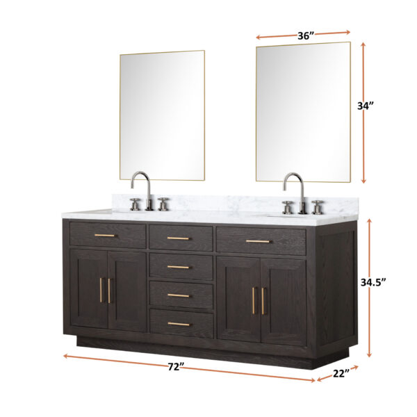 Abbey 72W x 22D Brown Oak Double Bath Vanity and Carrara Marble Top