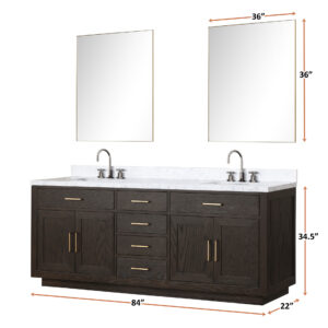 Abbey 84W x 22D Brown Oak Double Bath Vanity and Carrara Marble Top