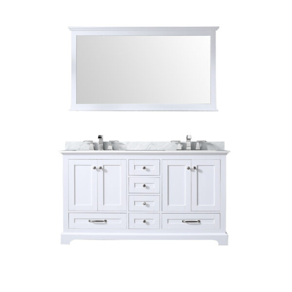 Dukes 60 in. W x 22 in. D White Double Bath Vanity, Carrara Marble Top, Faucet Set, and 58 in. Mirror