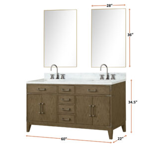 Laurel 60W x 22D Grey Oak Double Bath Vanity and Carrara Marble Top