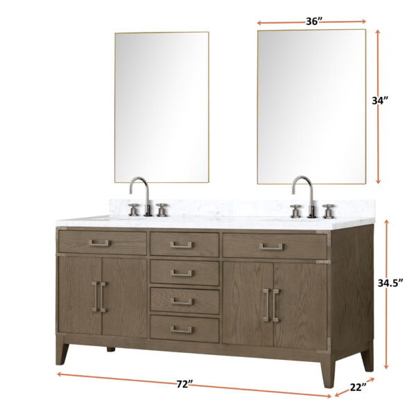 Laurel 72W x 22D Grey Oak Double Bath Vanity and Carrara Marble Top