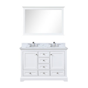 Dukes 48 in. W x 22 in. D White Double Bath Vanity, Carrara Marble Top, Faucet Set, and 46 in. Mirror