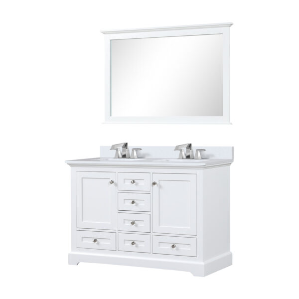 Dukes 48 in. W x 22 in. D White Double Bath Vanity, White Quartz Top, Faucet Set, 46 in. Mirror