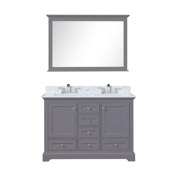 Dukes 48 in. W x 22 in. D Dark Grey Double Bath Vanity, Carrara Marble Top, Faucet Set, 46 in. Mirror