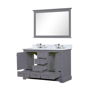 Dukes 48 in. W x 22 in. D Dark Grey Double Bath Vanity, Carrara Marble Top, Faucet Set, 46 in. Mirror