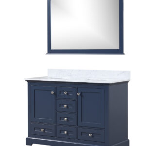 Dukes 48 in. W x 22 in. D Navy Blue Double Bath Vanity, Carrara Marble Top, and 46 in. Mirror