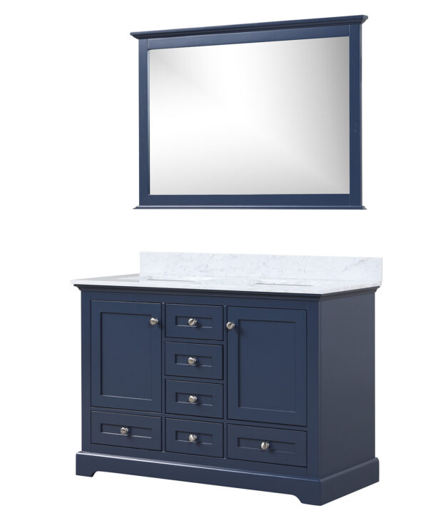 Dukes 48 in. W x 22 in. D Navy Blue Double Bath Vanity, Carrara Marble Top, and 46 in. Mirror