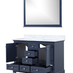 Dukes 48 in. W x 22 in. D Navy Blue Double Bath Vanity, Carrara Marble Top, and 46 in. Mirror