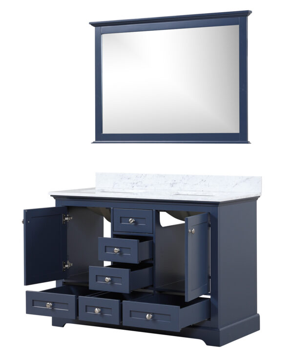 Dukes 48 in. W x 22 in. D Navy Blue Double Bath Vanity, Carrara Marble Top, and 46 in. Mirror