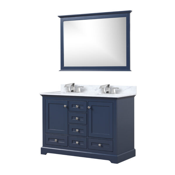 Dukes 48 in. W x 22 in. D Navy Blue Double Bath Vanity, Carrara Marble Top, Faucet Set, and 46 in. Mirror