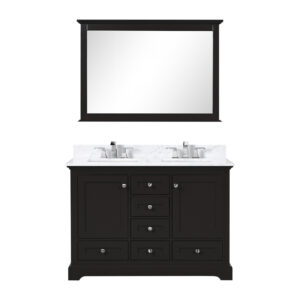 Dukes 48 in. W x 22 in. D Espresso Double Bath Vanity, Carrara Marble Top, Faucet Set, and 46 in. Mirror