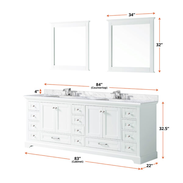 Dukes 84 in. W x 22 in. D White Double Bath Vanity and 34 in. Mirrors