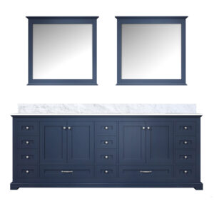 Dukes 84 in. W x 22 in. D Navy Blue Double Bath Vanity, Carrara Marble Top, and 34 in. Mirrors