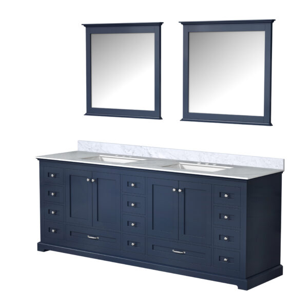 Dukes 84 in. W x 22 in. D Navy Blue Double Bath Vanity, Carrara Marble Top, and 34 in. Mirrors