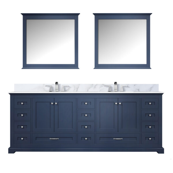 Dukes 84 in. W x 22 in. D Navy Blue Double Bath Vanity, Carrara Marble Top, Faucet Set, and 34 in. Mirrors