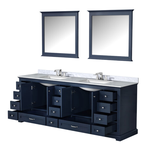 Dukes 84 in. W x 22 in. D Navy Blue Double Bath Vanity, Carrara Marble Top, Faucet Set, and 34 in. Mirrors