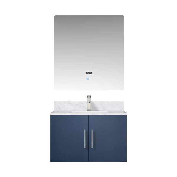 Geneva 30 in. W x 22 in. D Navy Blue Bath Vanity, Carrara Marble Top, Faucet Set, and 30 in. LED Mirror