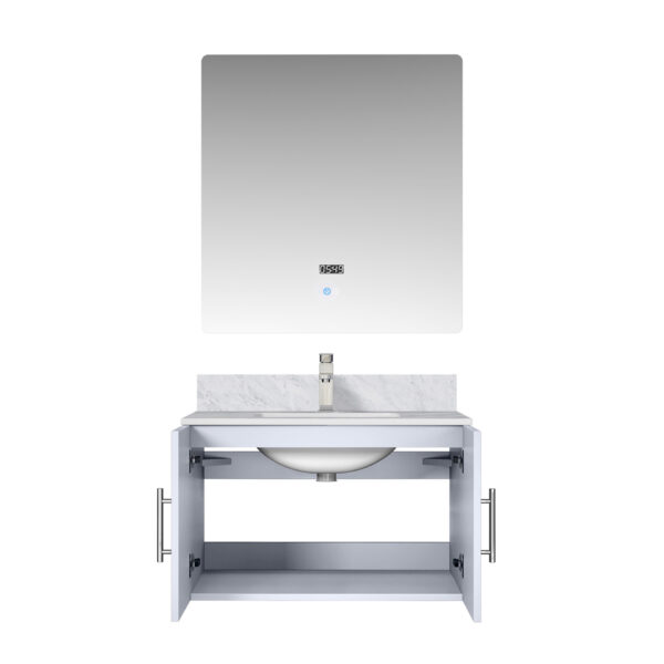 Geneva 30 in. W x 22 in. D Glossy White Bath Vanity, Carrara Marble Top, Faucet Set, and 30 in. LED Mirror