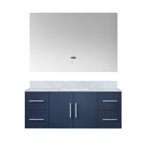 Geneva 48 in. W x 22 in. D Navy Blue Bath Vanity, Carrara Marble Top, and 48 in. LED Mirror