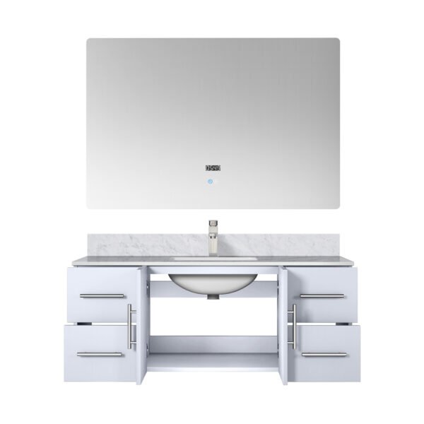 Geneva 48 in. W x 22 in. D Glossy White Bath Vanity, Carrara Marble Top, Faucet Set, and 48 in. LED Mirror