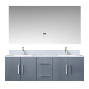 Geneva 60 in. W x 22 in. D Dark Grey Double Bath Vanity, Carrara Marble Top, Faucet Set, and 60 in. LED Mirror