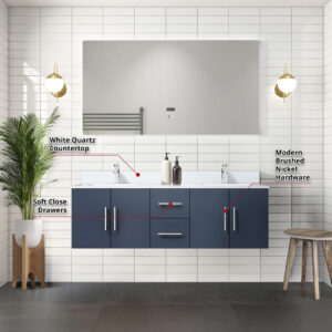 Geneva 60 in. W x 22 in. D Navy Blue Double Bath Vanity and White Quartz Top