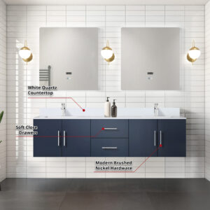 Geneva 72 in. W x 22 in. D Navy Blue Double Bath Vanity and White Quartz Top