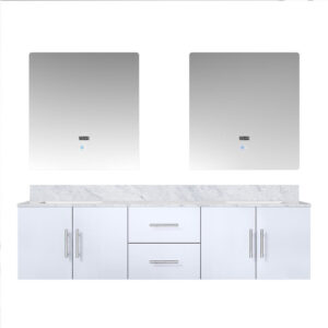 Geneva 72 in. W x 22 in. D Glossy White Double Bath Vanity, Carrara Marble Top, and 30 in. LED Mirrors