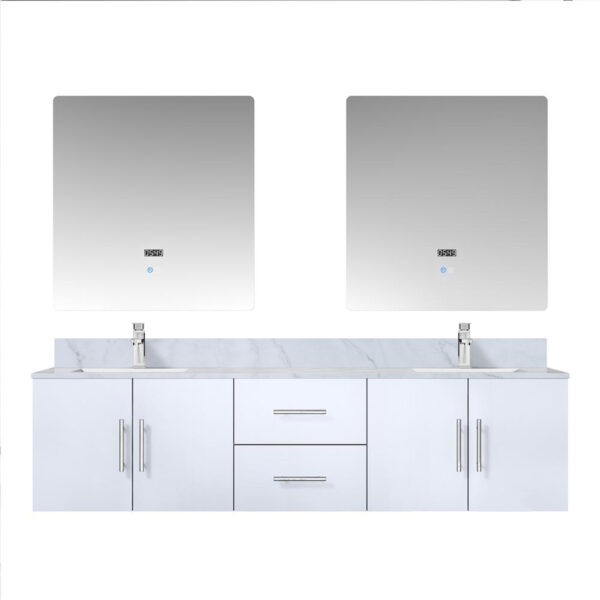 Geneva 72 in. W x 22 in. D Glossy White Double Bath Vanity, Carrara Marble Top, Faucet Set, and 30 in. LED Mirrors