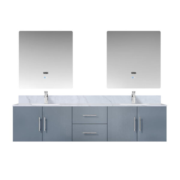 Geneva 80 in. W x 22 in. D Dark Grey Double Bath Vanity, Carrara Marble Top, Faucet Set, and 30 in. LED Mirrors