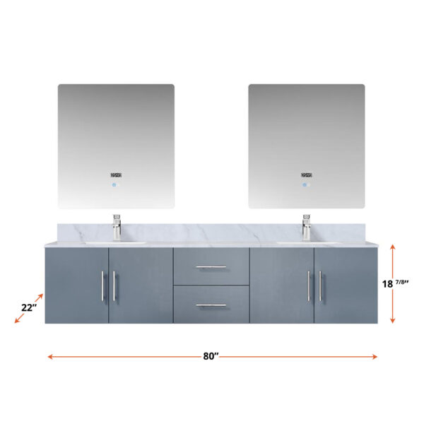 Geneva 80 in. W x 22 in. D Dark Grey Double Bath Vanity, Carrara Marble Top, Faucet Set, and 30 in. LED Mirrors