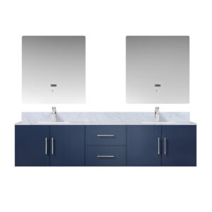 Geneva 80 in. W x 22 in. D Navy Blue Double Bath Vanity, Carrara Marble Top, Faucet Set, and 30 in. LED Mirrors