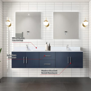 Geneva 80 in. W x 22 in. D Navy Blue Double Bath Vanity and White Quartz Top