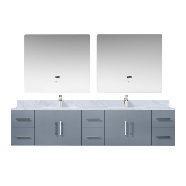 Geneva 84 in. W x 22 in. D Dark Grey Double Bath Vanity, Carrara Marble Top, Faucet Set, and 36 in. LED Mirrors