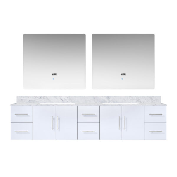 Geneva 84 in. W x 22 in. D Glossy White Double Bath Vanity, Carrara Marble Top, and 36 in. LED Mirrors