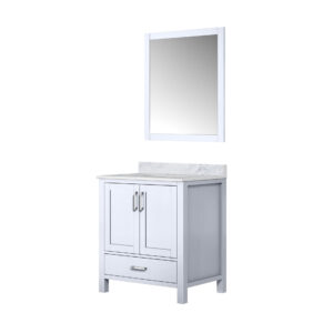 Jacques 30 in. W x 22 in. D White Bath Vanity, Carrara Marble Top, and 28 in. Mirror