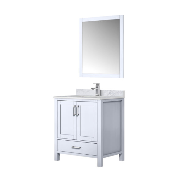 Jacques 30 in. W x 22 in. D White Bath Vanity, Carrara Marble Top, Faucet Set, and 28 in. Mirror