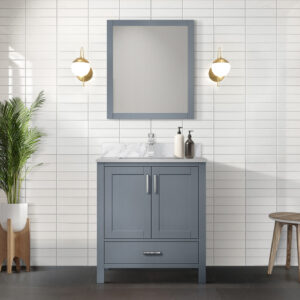 Jacques 30 in. W x 22 in. D Dark Grey Bath Vanity, Carrara Marble Top, and 28 in. Mirror