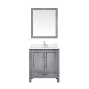 Jacques 30 in. W x 22 in. D Distressed Grey Bath Vanity, Carrara Marble Top, Faucet Set, and 28 in. Mirror