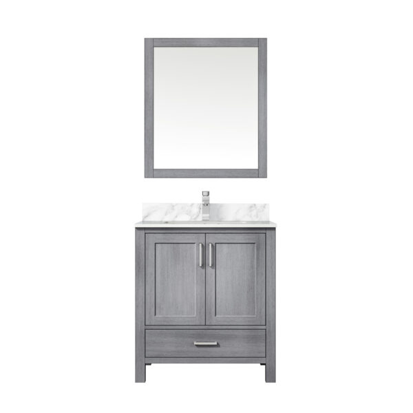 Jacques 30 in. W x 22 in. D Distressed Grey Bath Vanity, Carrara Marble Top, Faucet Set, and 28 in. Mirror