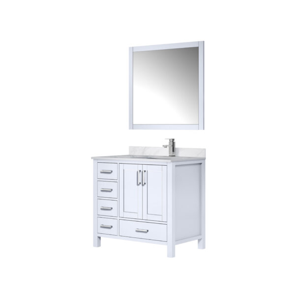 Jacques 36 in. W x 22 in. D Right Offset White Bath Vanity, Carrara Marble Top, Faucet Set, and 34 in. Mirrors