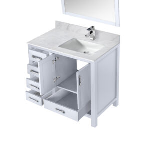 Jacques 36 in. W x 22 in. D Right Offset White Bath Vanity, Carrara Marble Top, Faucet Set, and 34 in. Mirrors